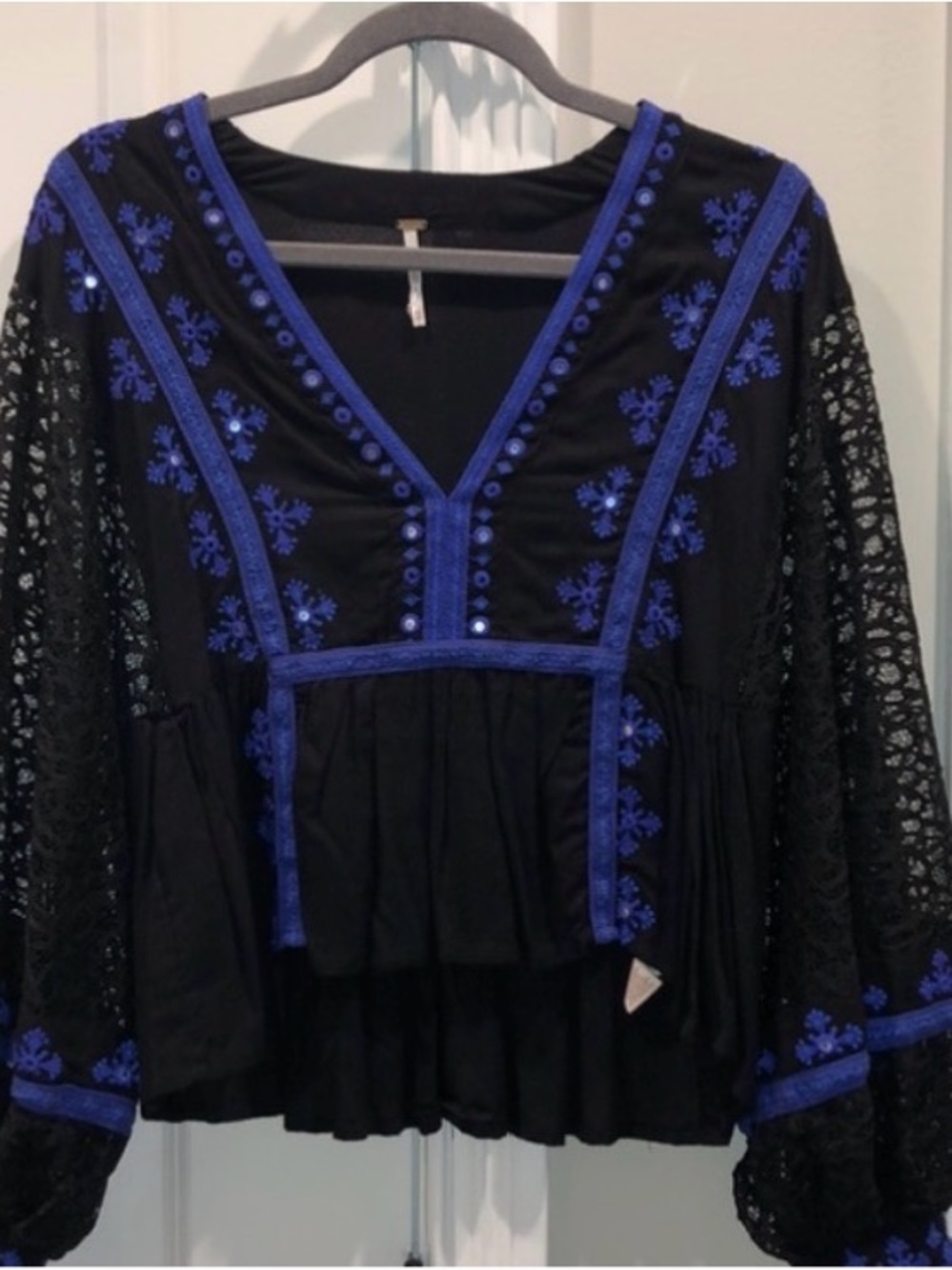 Free People boogie all night Black with Cobalt Blue Embroidery. M
